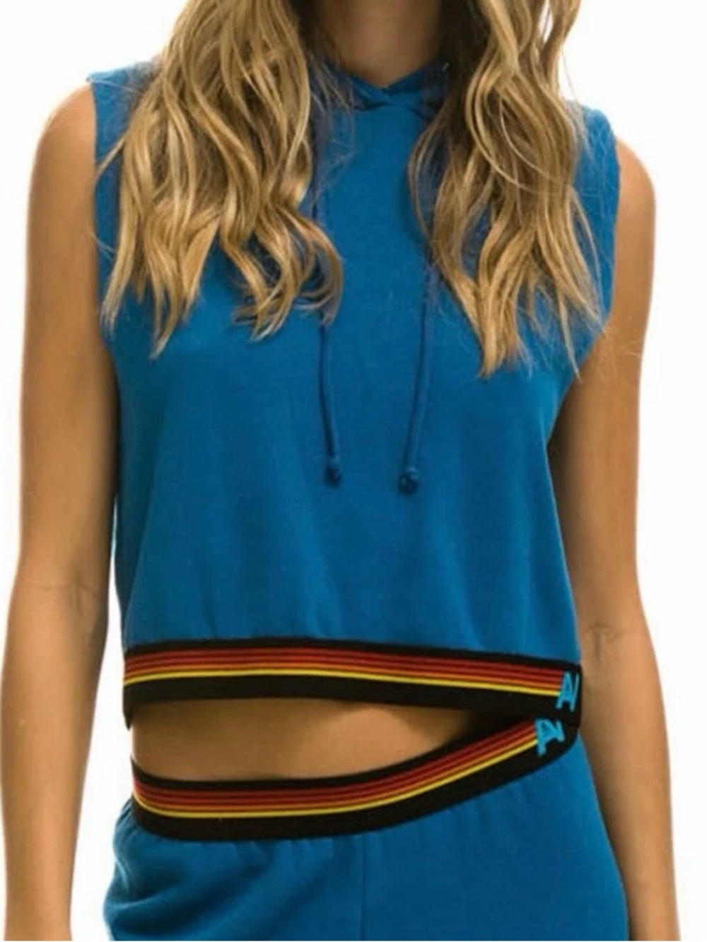 Aviator Nation  Blue Sleeveless Hooded Tank with Striped Hem